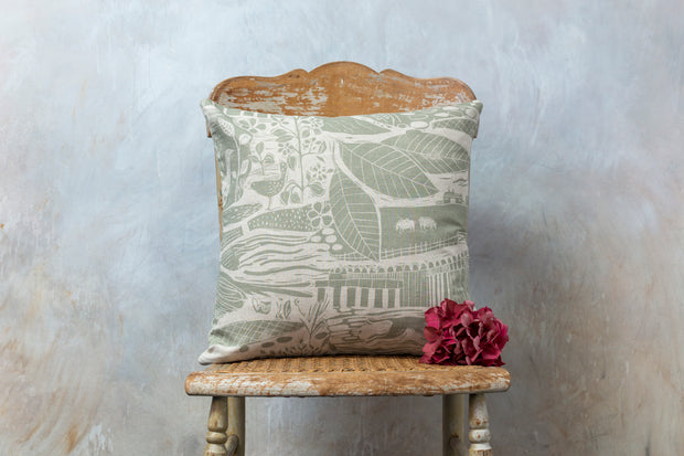 Through The Fields Sage Green Square Linen Cushion