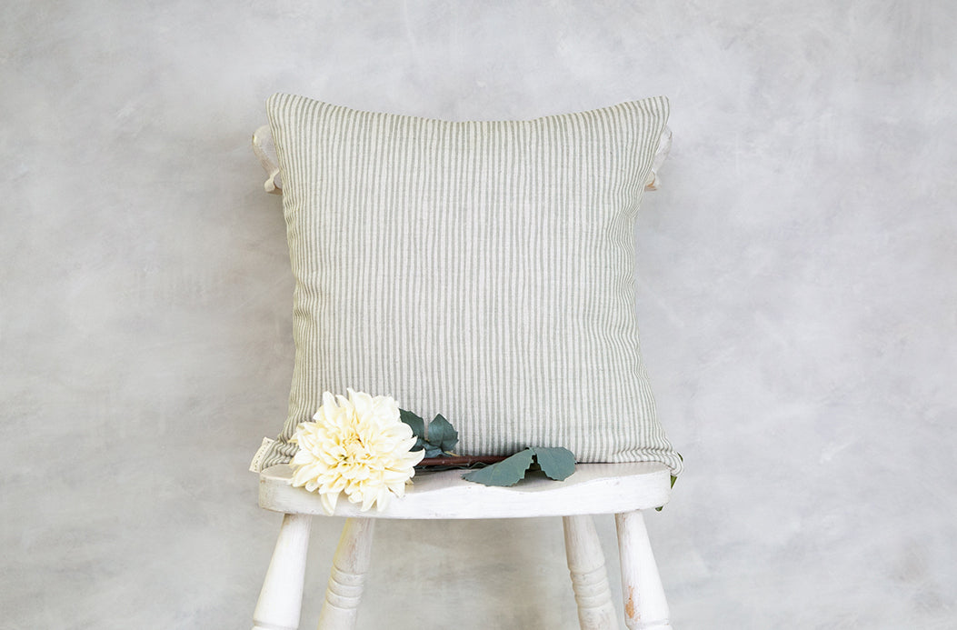 Sage Green Stripe Square Linen Cushion