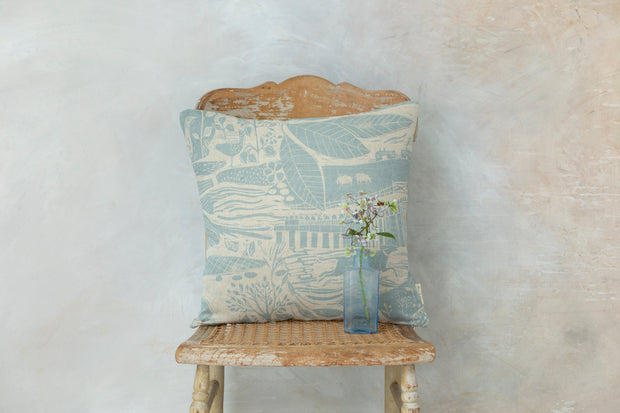 Through The Fields Duck Egg Blue On Natural Square Linen Cushion