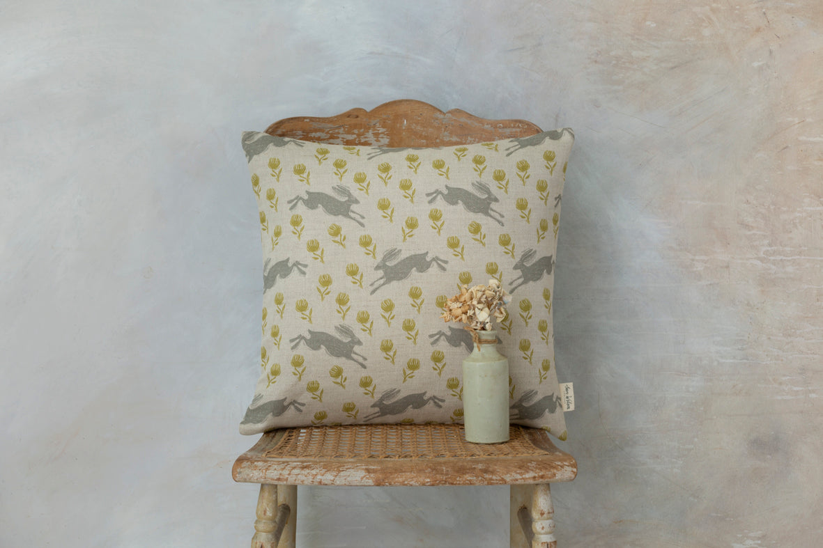 Running Hare Grey With Green Clover Linen Cushion