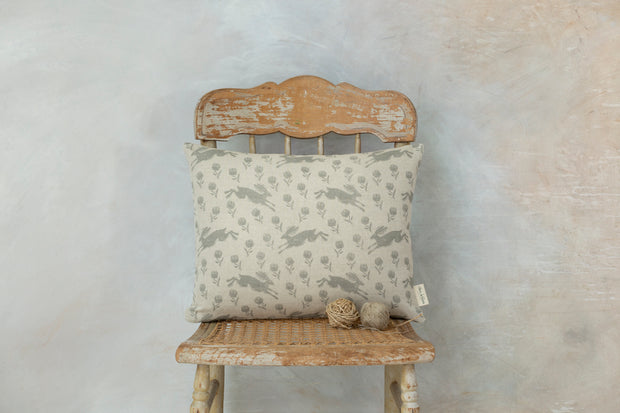 Running Hare Grey On White Rectangle Linen Cushion