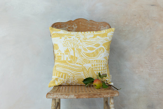 Through The Fields Ochre Square Linen Cushion