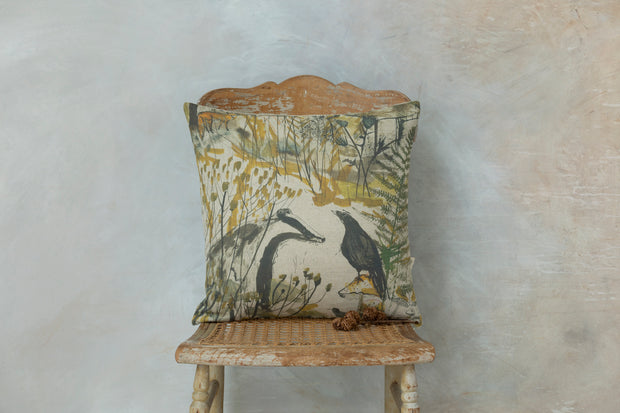 Badger and Crow Square Linen Cushion