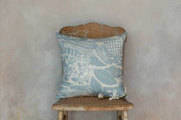 Through The Fields Duck Egg Blue On White Square Linen Cushion