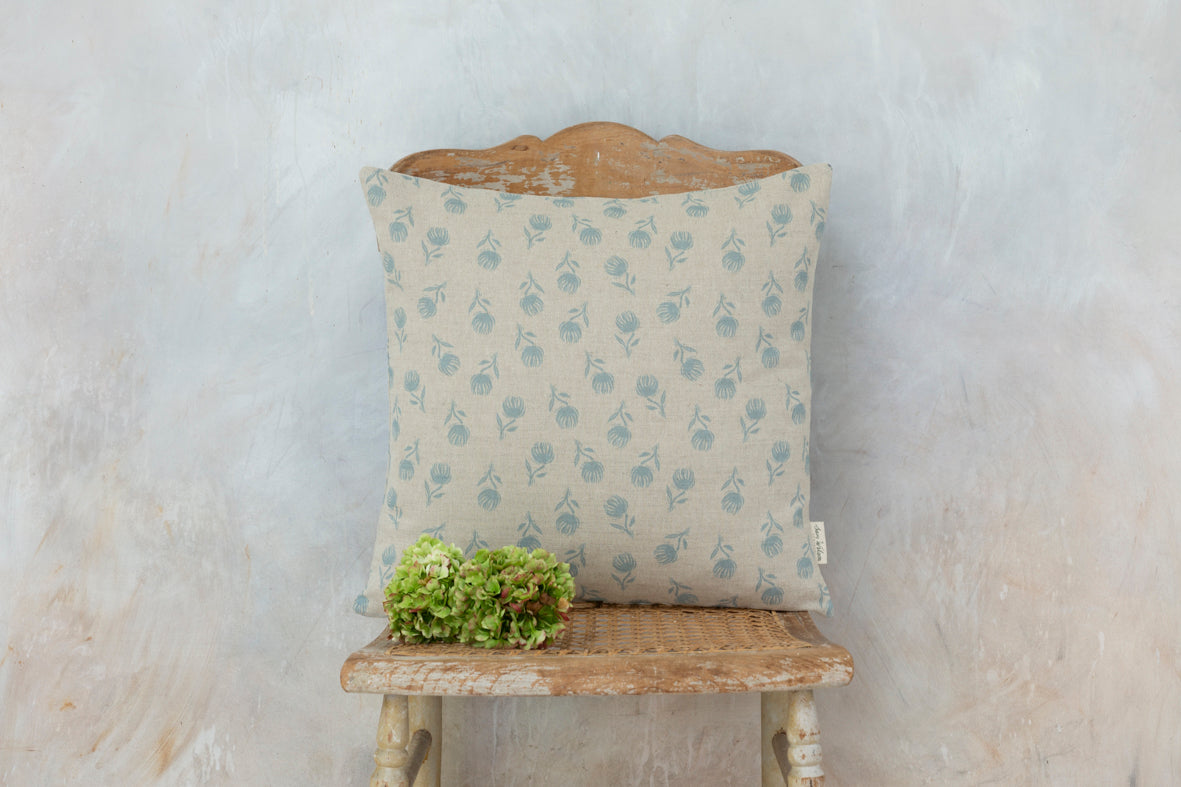 Blue Clover Square Linen Cushion